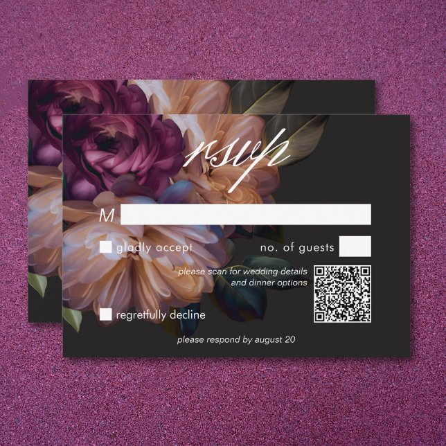 Eleganter Black Moody Floral Wedding QR Code RSVP Karte (Elegant Black Moody Floral Wedding QR Code RSVP Card)