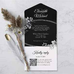 Eleganter Black QR Code Floral Monogram Wedding RS All In One Einladung
