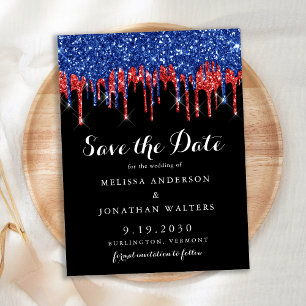 Eleganter Black Red Blue Glitzer Tropfen Save the  Postkarte
