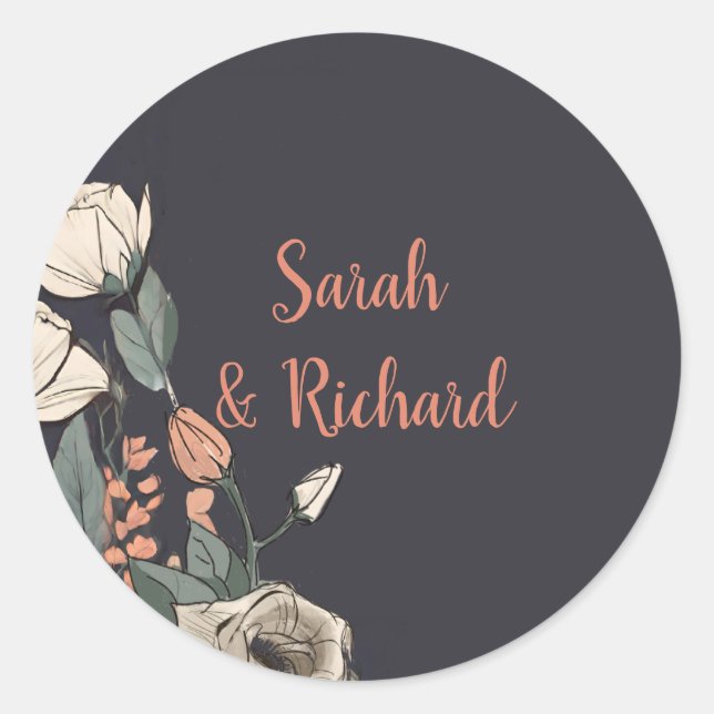 Eleganter Black Round Floral Wedding Envelope Seal Runder Aufkleber (Vorderseite)