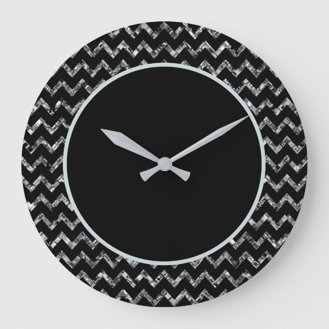 Eleganter Black Silver Glam Sparkle Glitzer Große Wanduhr (Vorderseite)