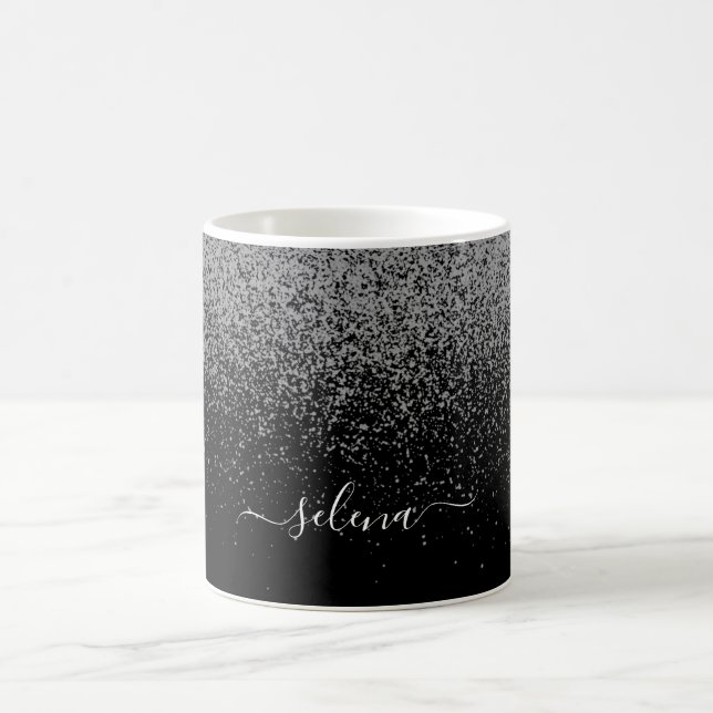 Eleganter Black Silver Glitzer Girly Mit Monogramm Kaffeetasse (Mittel)