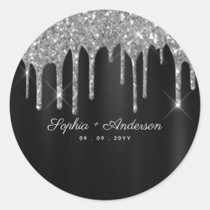 Eleganter Black & Silver Glitzer Tropfen Custom Runder Aufkleber