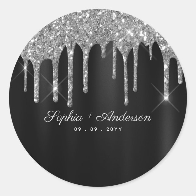 Eleganter Black & Silver Glitzer Tropfen Custom Runder Aufkleber (Vorderseite)