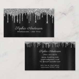 Eleganter Black & Silver Glitzer Tropfen Custom Visitenkarte