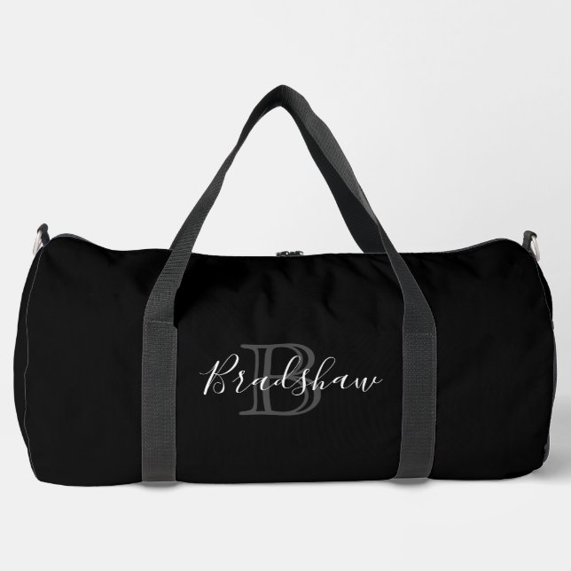 Eleganter Black Silver Monogram Individuelle Name Duffle Bag (Vorderseite)