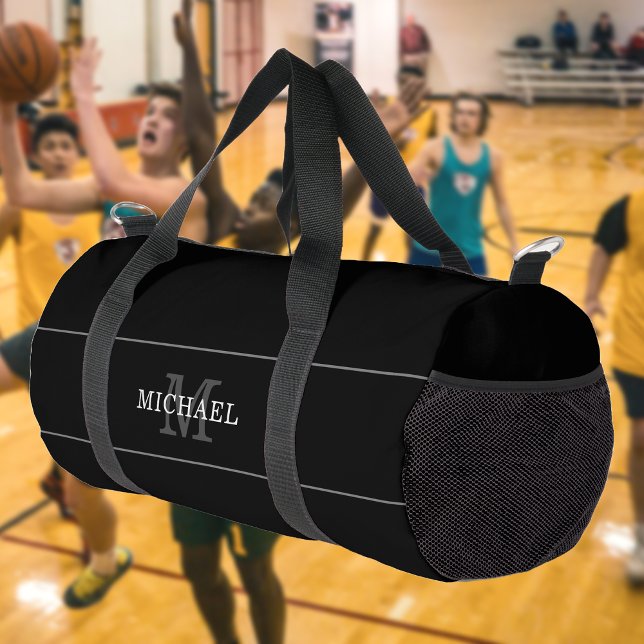 Eleganter Black Silver Monogram Individuelle Name Duffle Bag (Von Creator hochgeladen)