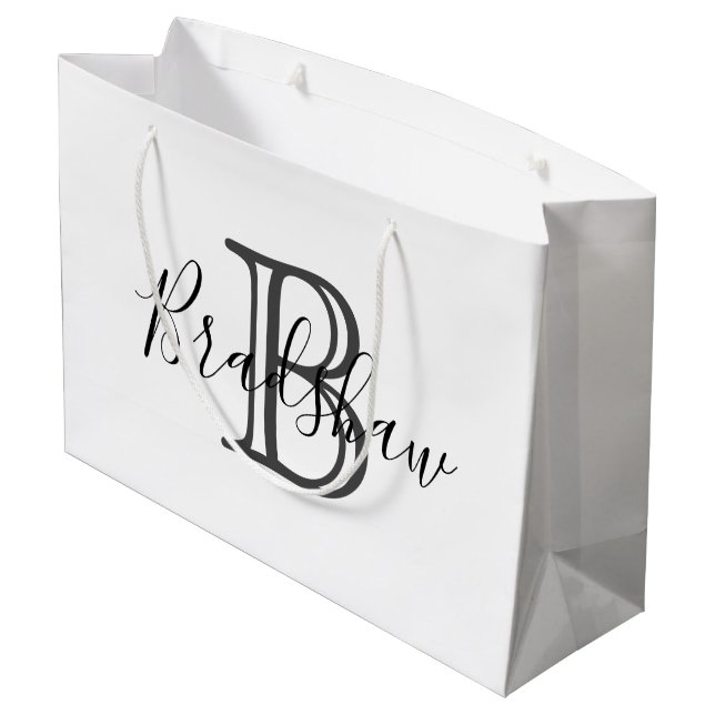 Eleganter Black Silver Monogram Individuelle Name Große Geschenktüte (Rückseite Schrägansicht)