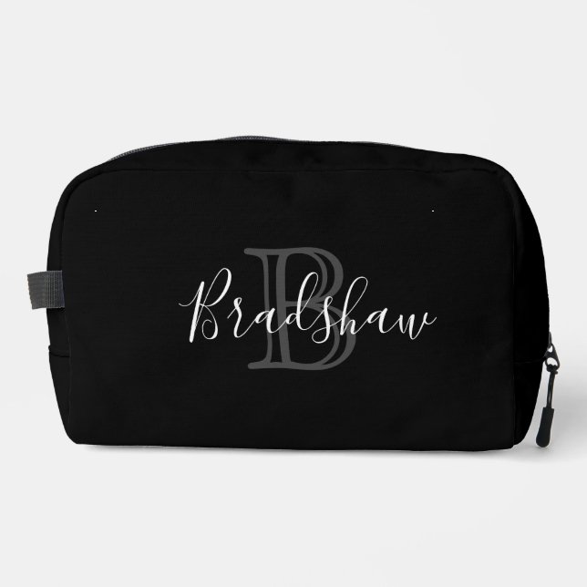 Eleganter Black Silver Monogram Individuelle Name Waschbeutel (Vorderseite)