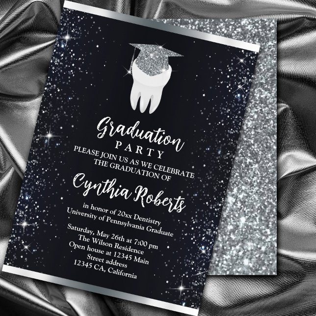 Eleganter Black Silver Sparkle Dental Abschluss Einladung (Elegant Black Silver Sparkle Dental Graduation Invitation. #graduationparty #zazzlemade #orthodontia)