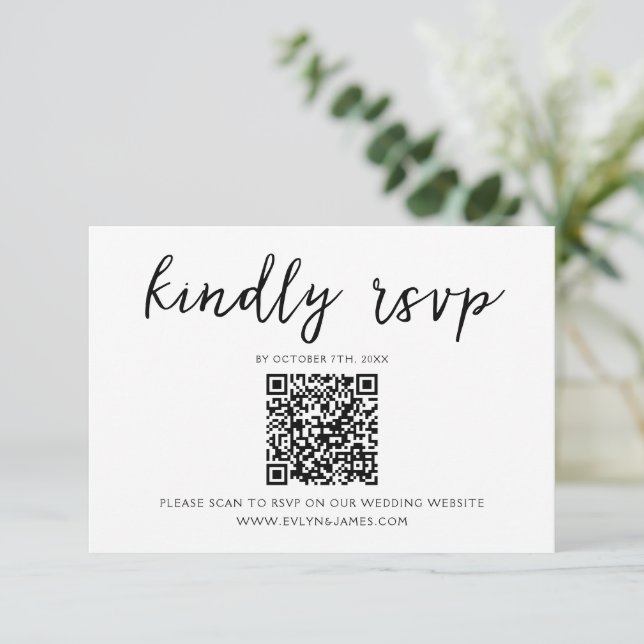 Eleganter Black & White Script QR Code Hochzeit RSVP Karte (Stehend Vorderseite)
