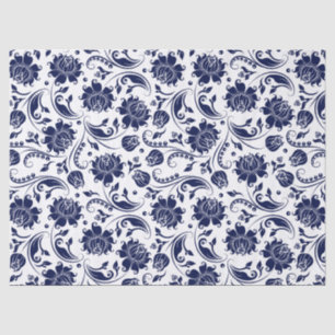 Eleganter blau-blauer Damaskus weißer Hintergrund Seidenpapier