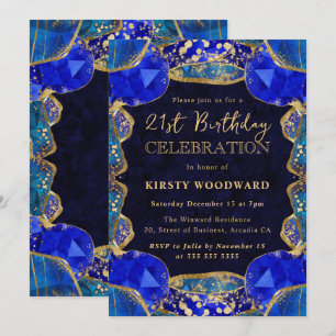 Eleganter Blau Gold Kristall Rahmen 21. Geburtstag Einladung