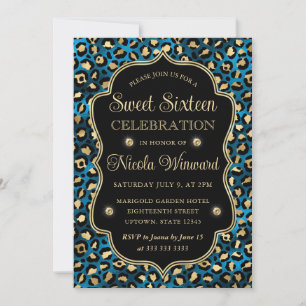 Eleganter Blau Gold Leopardendruck Sweet 16 Einladung