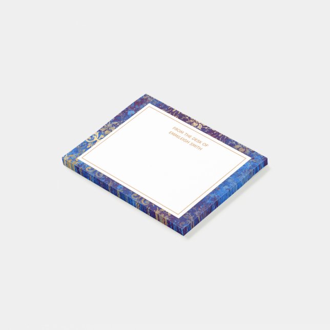 Eleganter blau-goldfarbener Damast vom Schreibtisc Post-it Klebezettel (angewinkelt)