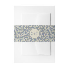 Eleganter Blau- und Beige Damask mit Initialen Einladungsbanderole