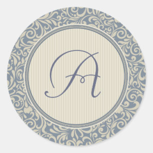 Eleganter Blau- und Beige Damaske mit Monogramm Runder Aufkleber