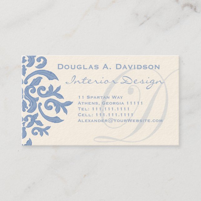 Eleganter Blau- und Cream Damask Letter D Visitenkarte (Vorderseite)