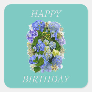 ELEGANTER BLAU UND WEISS HYDRANGEA GLÜCKLICH GEBUR QUADRATISCHER AUFKLEBER