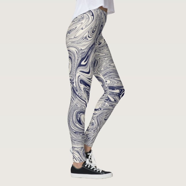 Eleganter blau-weißer Marmorwirl Leggings (Rechts)