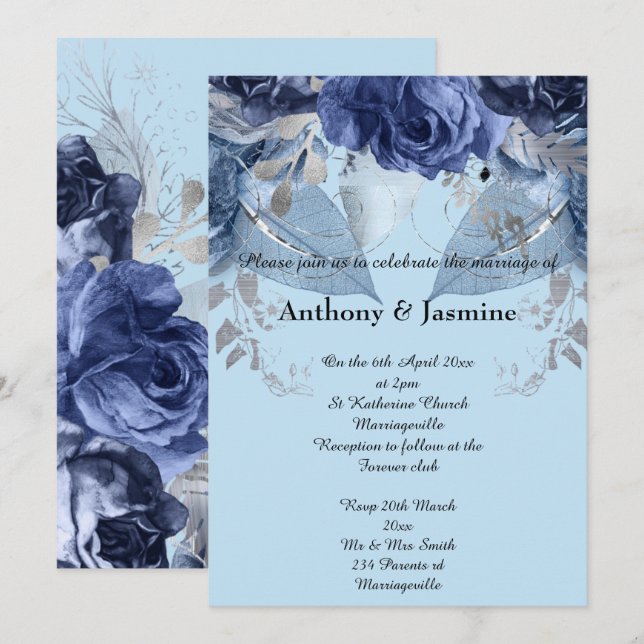 ELEGANTER BLAUE NAVY ROSE WEDING INVITATION EINLADUNG (Vorne/Hinten)