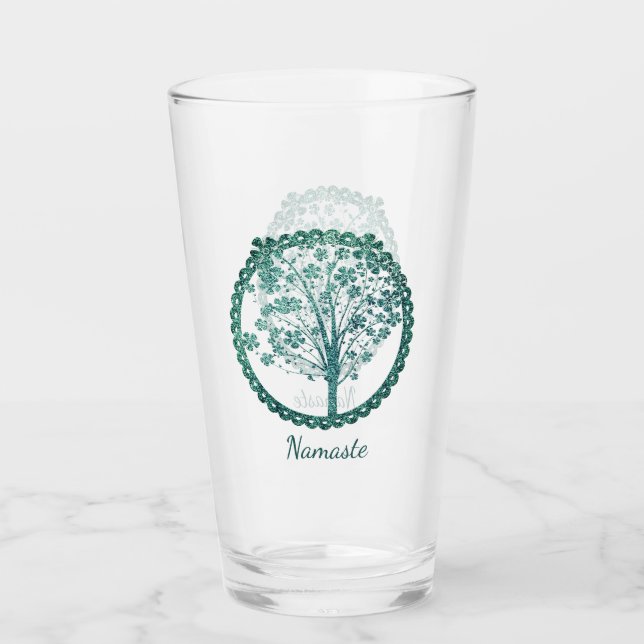 Eleganter Blaue Tree des Lebens Namaste Zen Yoga Glas (Vorderseite)