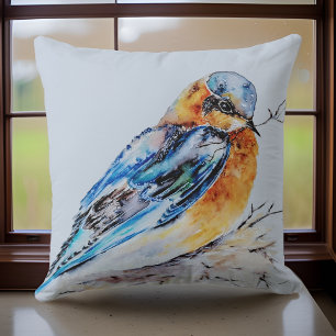 Eleganter Blaue Vogel Wasserfarben Natur Kissen
