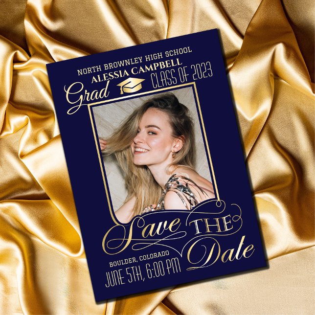 Eleganter blauer Abschluss Save the Date Einladung (Von Creator hochgeladen)