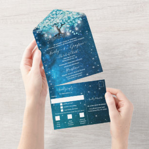 Eleganter blauer Aqua Türkisgrüner Herzblatt Baum All In One Einladung