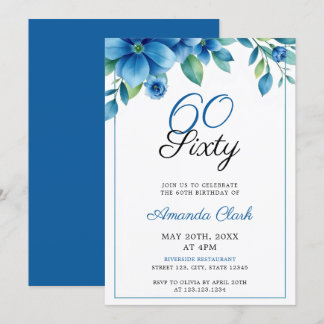Eleganter blauer Aquarellrahmen 60. Geburtstag Einladung