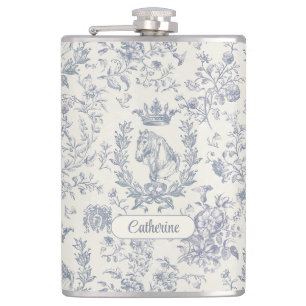 Eleganter blauer beiger Reitsport Floral Toile Nam Flachmann