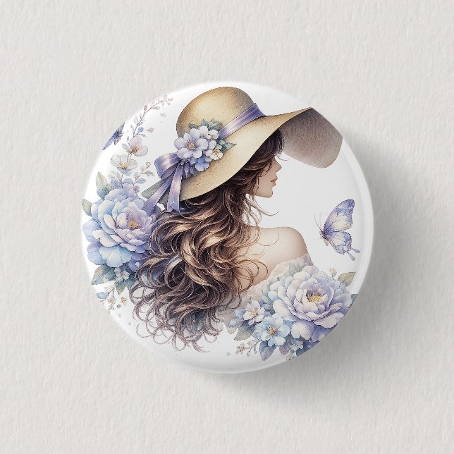 Eleganter blauer Blumen-Button mit Dame Button (Vorderseite)