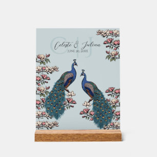 Eleganter blauer Blumen-Pfau-Hochzeit Acrylschild