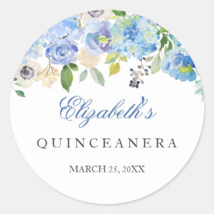 Eleganter blauer Blumen-Quinceanera-Aufkleber Runder Aufkleber
