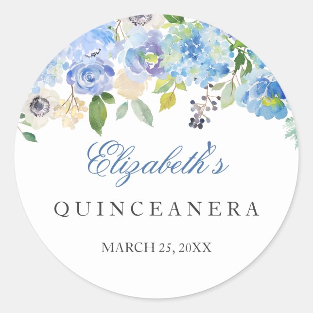 Eleganter blauer Blumen-Quinceanera-Aufkleber Runder Aufkleber (Vorderseite)