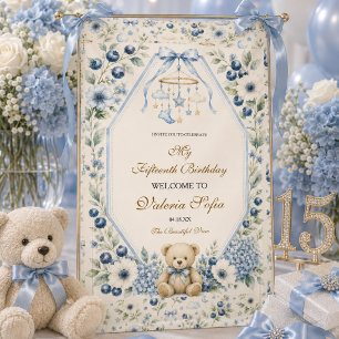 Eleganter blauer Blumen-Teddybär zum 15. Geburtsta Banner