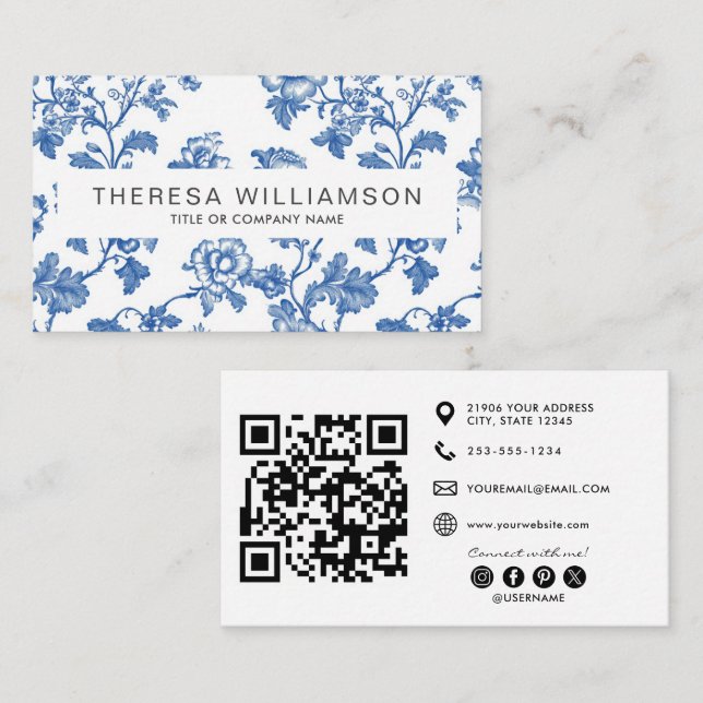Eleganter blauer Blumen-Toile-QR-Code Visitenkarte (Vorne/Hinten)