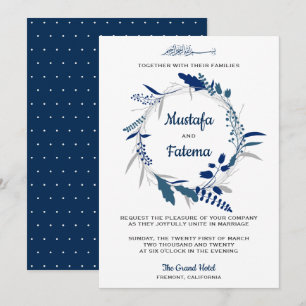 Eleganter blauer Blumenkranz Islamische Hochzeit Einladung
