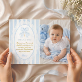 Eleganter blauer Bogen Jungen-Taufe Foto-Flat Dankeskarte