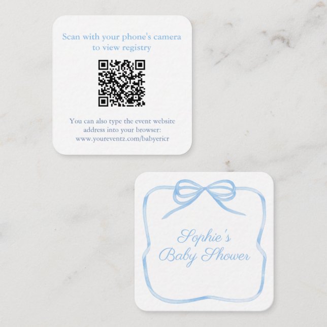 Eleganter blauer Bogen QR-Code Geschenkeliste oder Begleitkarte (Vorne/Hinten)