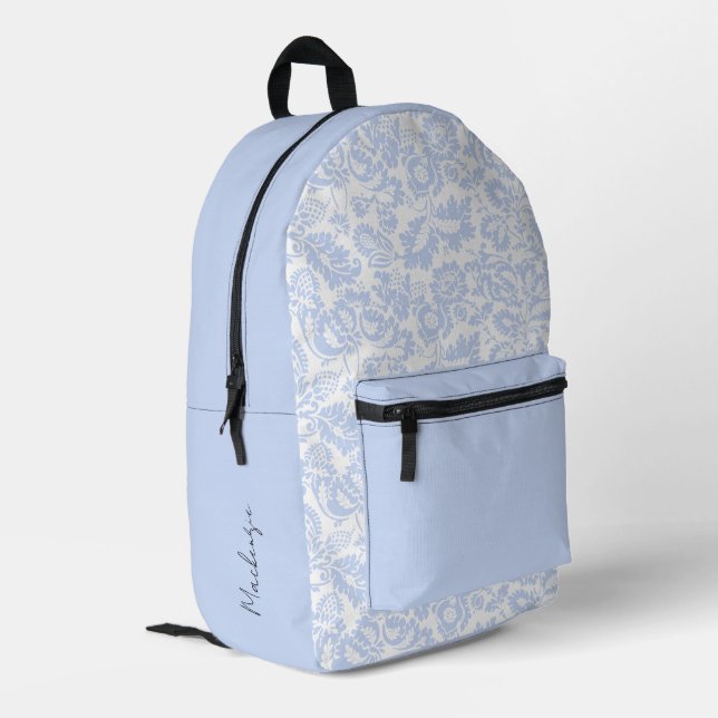 Eleganter Blauer Botanischer Name Bedruckter Rucksack (Rückseitige Ecke links)