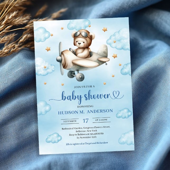 Eleganter blauer brauner Teddybär-Pilot-Babyshower Einladung (Elegant Blue Brown Teddy Bear Pilot Baby Shower Invite

)
