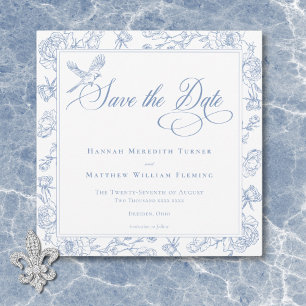 Eleganter blauer Chinoiserie-Vogel und Wappen zur Save The Date