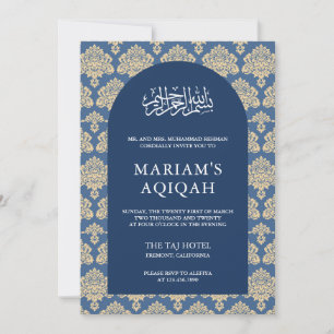 Eleganter blauer Damast Arabischer Bogen Aqiqah Einladung
