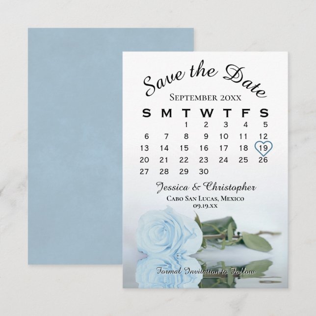 Eleganter blauer Dusty Blue Rose Hochzeitskalender Save The Date (Vorne/Hinten)