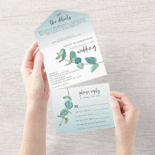 Eleganter blauer Eukalyptus-Zweig Schriftzug Hochz All In One Einladung