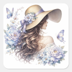 Eleganter blauer floraler Damen-Aufkleber Quadratischer Aufkleber