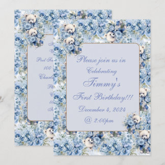 Eleganter blauer floraler Teddybär Geburtstag Einladung