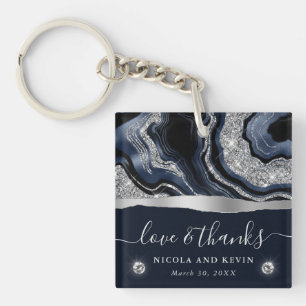 Eleganter Blauer Foil und Silberner Glitzer Agate  Schlüsselanhänger