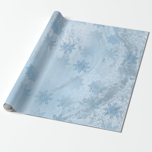 Eleganter blauer Glitzer Marmorschneeflocken Weihn Geschenkpapier (Ungerollt)